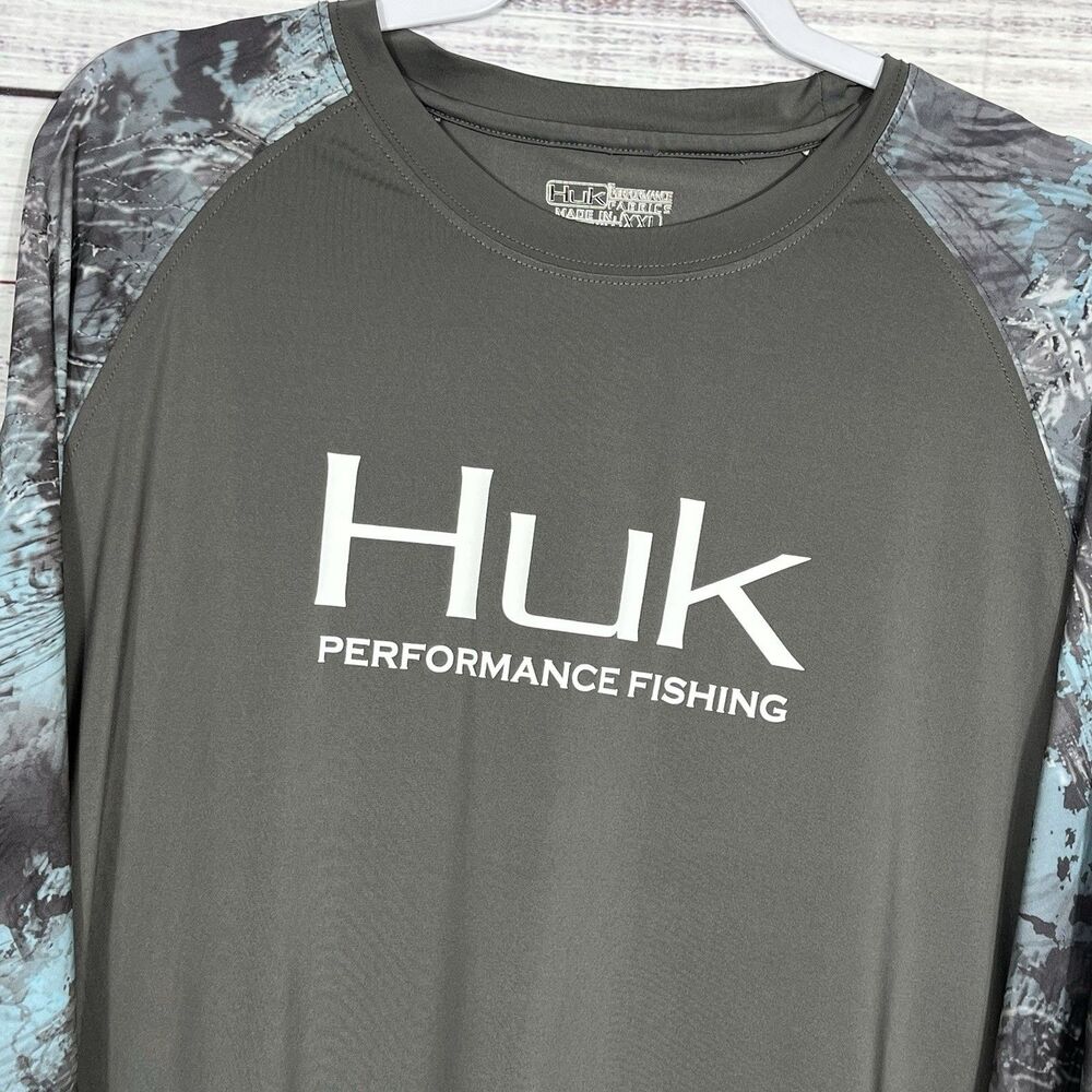 Huk Performance Shirt Fishing Outdoor UPF Camo Long Sleeve Mens XXL Gray Logo